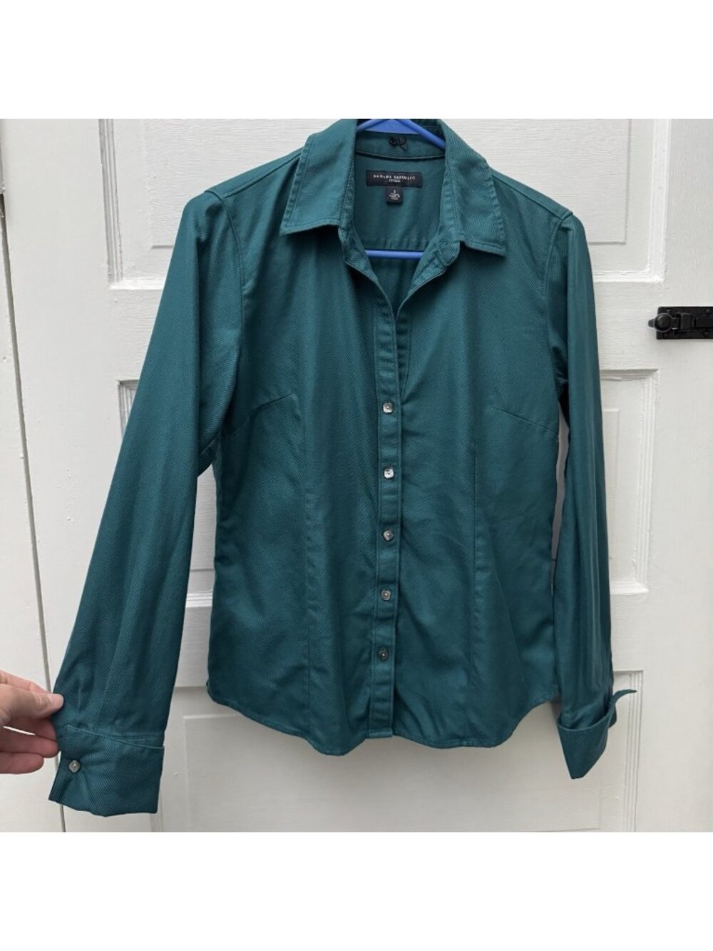 Banana Republic Women Small Teal Cotton Corduroy Fitted Button Up Shirt